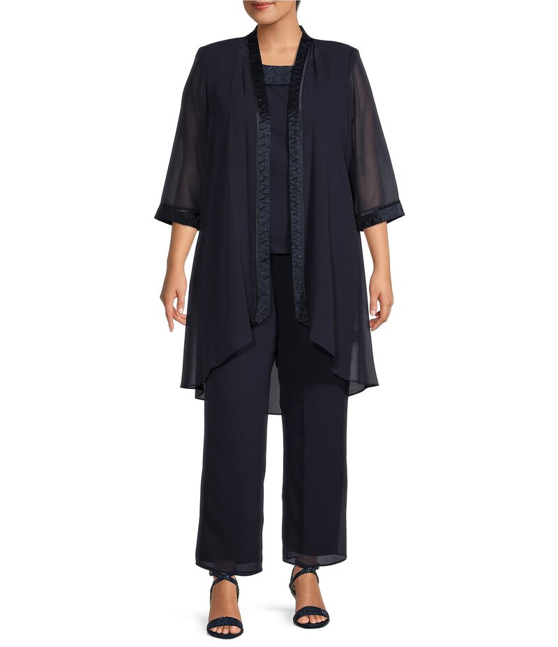 ルボ レディース トップス 衣装 ジョーゼット つけ加える大きさ Le Bos Plus Size Round Neck 3/4 Sleeve Georgette Tonal Trim Evening 3-Piece Pant Set Dark Navy 米国海軍
