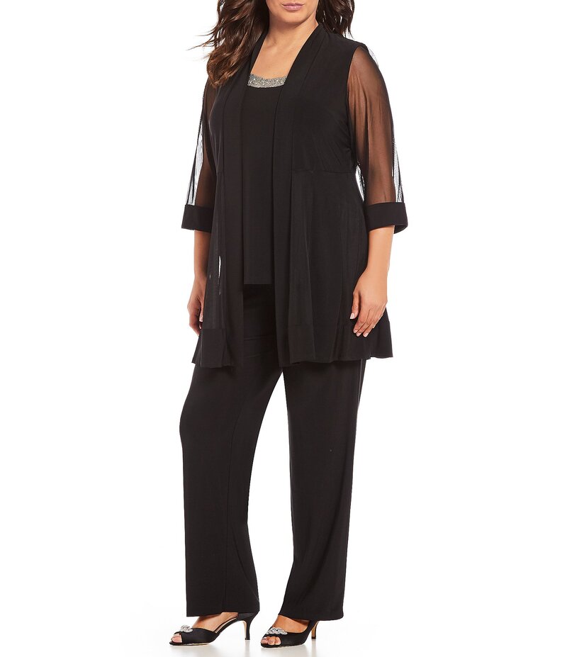 アールアンドエムリチャーズ レディース トップス ワンピース プラスサイズ シアー ニット ジャケット R & M Richards Plus Size Scoop Neck 3/4 Sleeve Beaded Detail Top & Sheer Knit Jacket 2-Piece Pull-On Pant Set Black ブラック