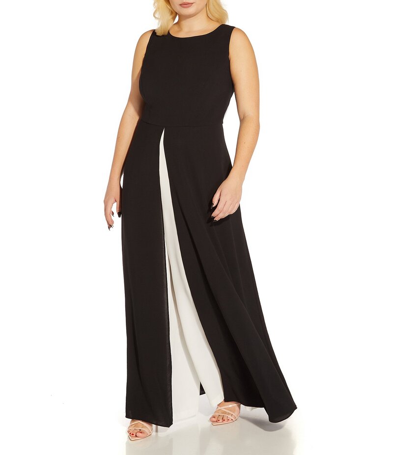 アドリアナ パペル レディース トップス ワンピース クルーネック プラスサイズ オーバーレイ ノースリーブ ジャンプスーツ Adrianna Papell Plus Size Sleeveless Crew Neck Overlay Jumpsuit Black/Ivory アイボリー｜ReVida 店
