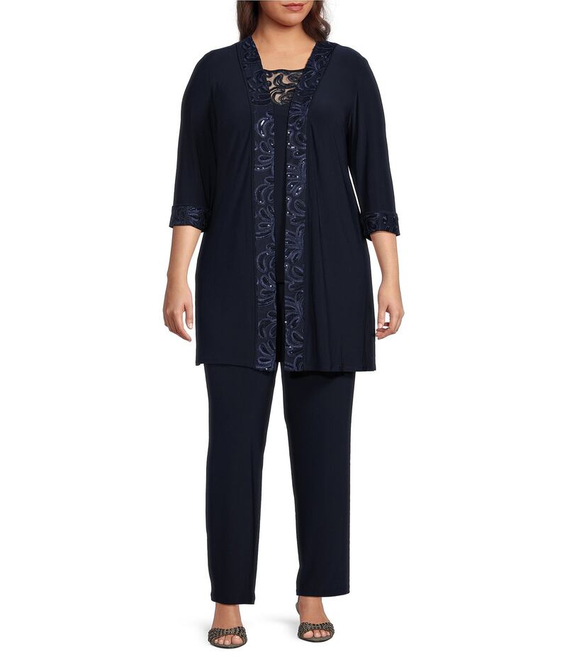 ルボ レディース トップス ワンピース プラスサイズ 刺繍 Le Bos Plus Size Round Neck 3/4 Sleeve Embroidered Trim Duster 3-Piece Pant Set Navy ネイビー 27,820円