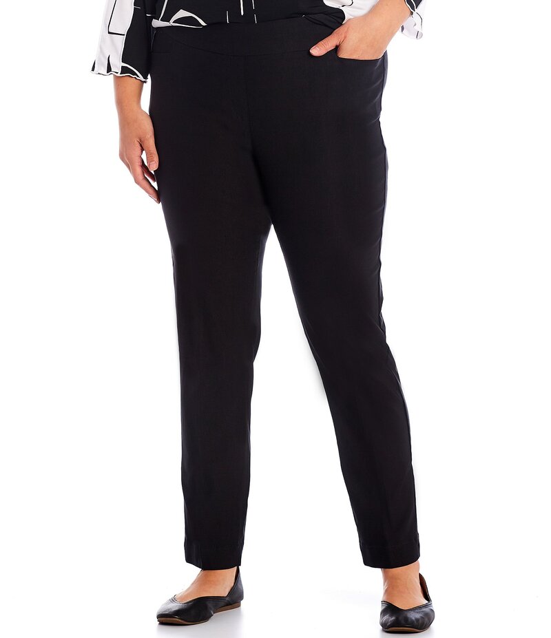 マルチプルズ レディース ボトムス カジュアルパンツ プラスサイズ パンツ アンクル SlimsationR by Multiples Plus Size Wide Waistband Pull-On Plain Weave Ankle Pants Black ブラック｜ReVida 店