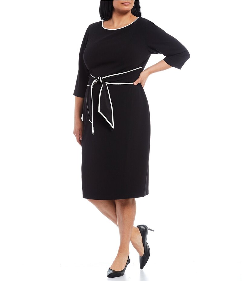 アドリアナ パペル レディース トップス ワンピース クルーネック クレープ プラスサイズ Adrianna Papell Plus Size Crew Neck 3/4 Sleeve Crepe Tie Waist Sheath Dress Black/Ivory アイボリー｜ReVida 店