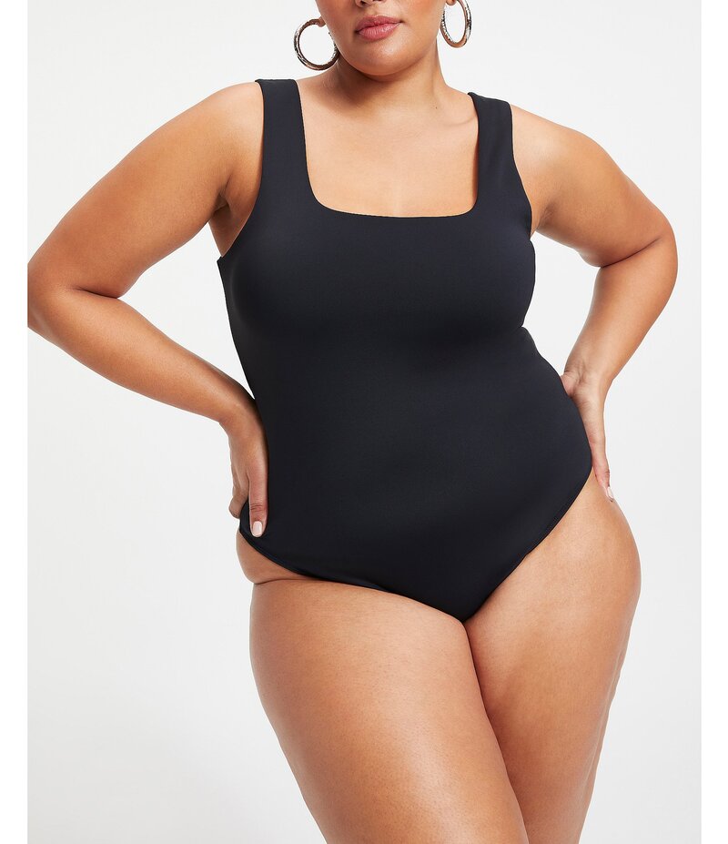 グッドアメリカン レディース トップス シャツ プラスサイズ スキューバ ノースリーブ ボディースーツ ニット Good American Plus Size Scuba Knit Modern Square Neck Sleeveless Wide Strap Tank Bodysuit Black001