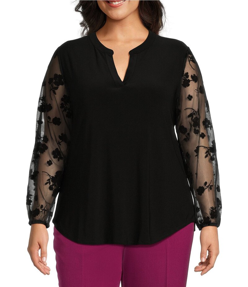 カスパール レディース トップス シャツ プラスサイズ メッシュ Kasper Plus Size Mix Media Split Neck Mesh Long Sleeve Top Black ブラック