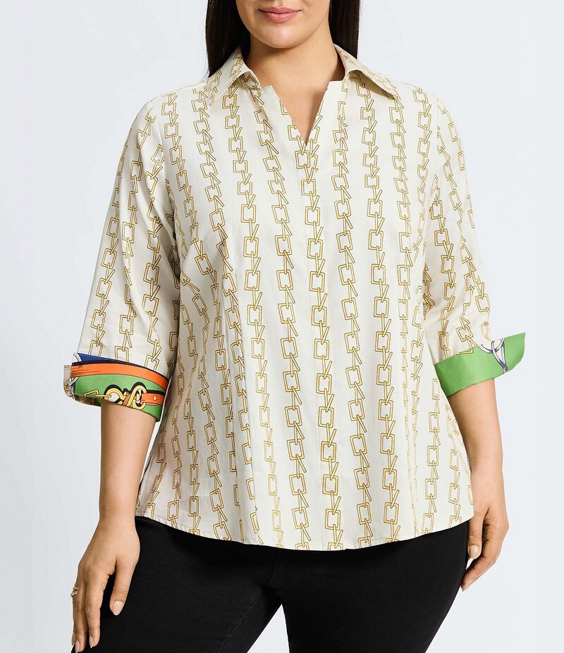 フォックスクラフト レディース トップス シャツ プラスサイズ プリント Tシャツ コットン Foxcroft Plus Size Taylor Chain Stripe Print Wrinkle Free Cotton Sateen 3/4 Sleeve Button-Front Shirt Ivory Multi アイボリー