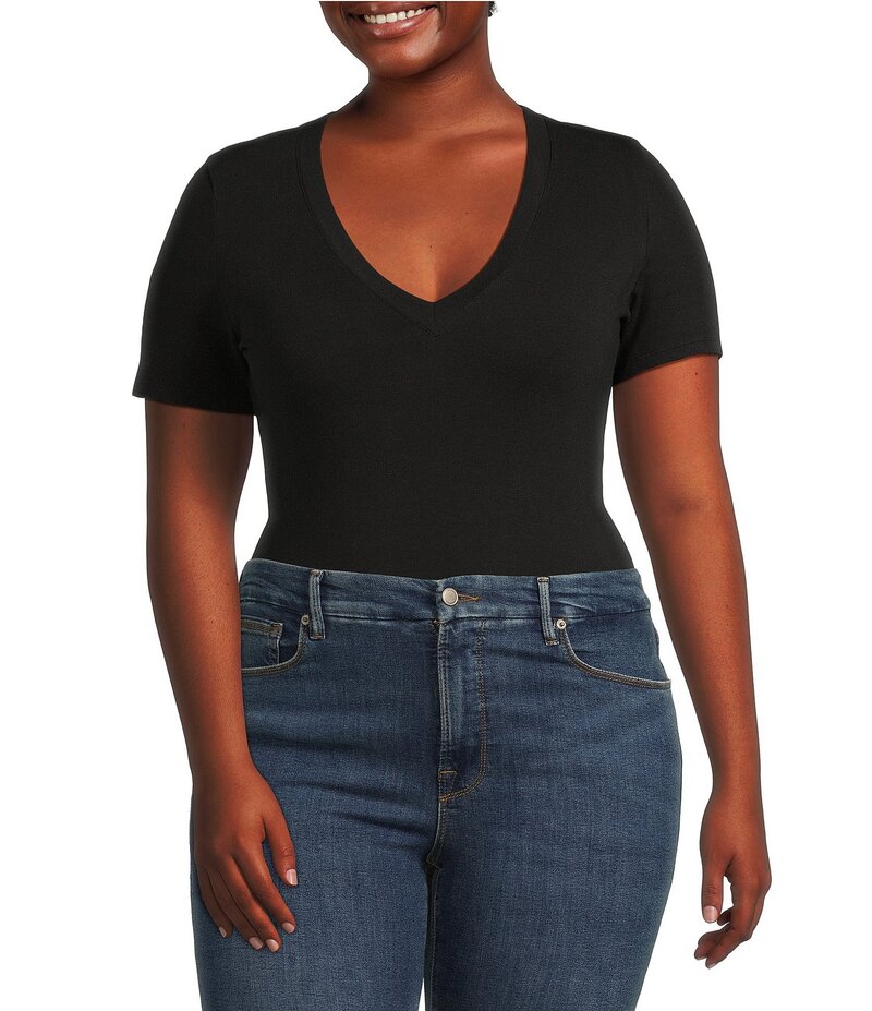 グッドアメリカン レディース トップス シャツ Vネック プラスサイズ ボディースーツ Good American Plus Size Super Stretch Deep V-Neck Short Sleeve Bodysuit Black ブラック