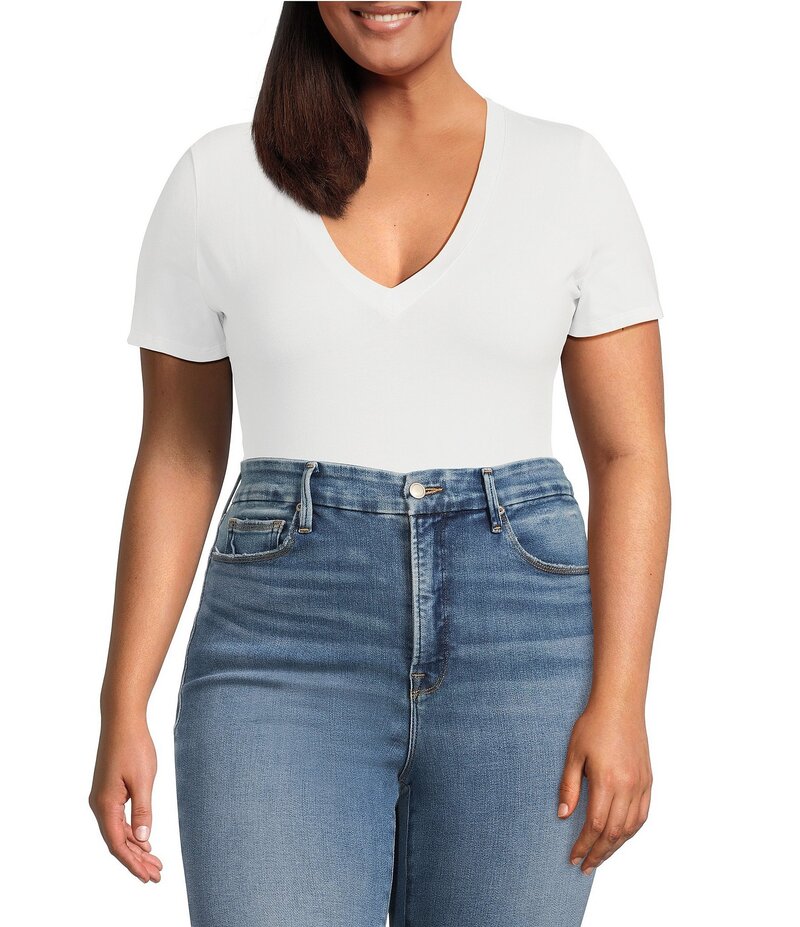 グッドアメリカン レディース トップス シャツ Vネック プラスサイズ ボディースーツ Good American Plus Size Super Stretch Deep V-Neck Short Sleeve Bodysuit White ホワイト