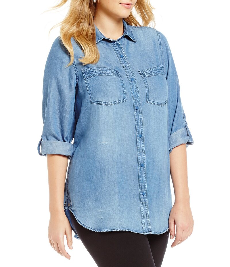 イントロ レディース トップス シャツ プラスサイズ Intro Plus Size Button Front Slub Point Collar Roll-Tab Long Sleeve Lyocell Shirt Medium Blue ブルー|ReVida 店
