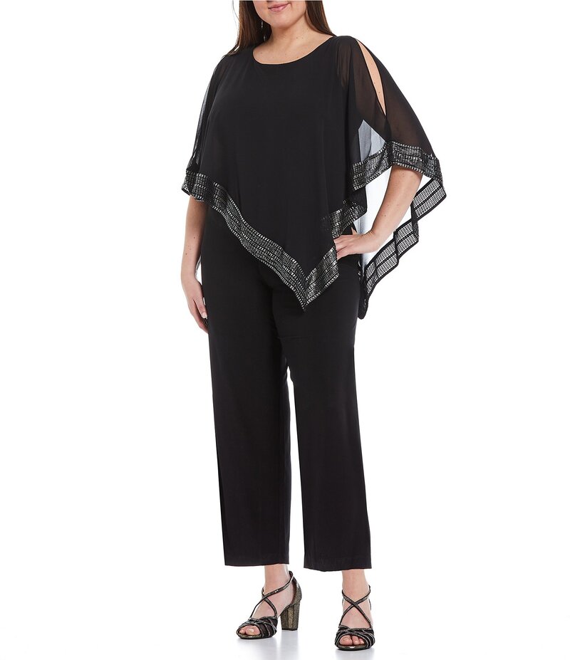 イグナイト レディース トップス ワンピース ケープデザイン アシンメトリー プラスサイズ キャップ ケープ ジャンプスーツ Ignite Evenings Plus Size Foil Trim Round Neck Asymmetric Cape 3/4 Sleeve Jumpsuit Black ブラック