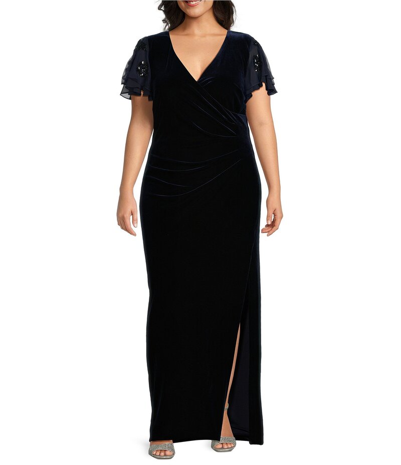 ベッツィアンドアダム レディース トップス ワンピース Vネック プラスサイズ ギャザー ベルベット Betsy & Adam Plus Size Velvet V-Neck Short Flutter Sleeve Side Ruched Gown Navy ネイビー