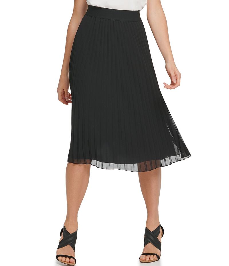 ダナキャラン レディース ボトムス スカート シフォン A ライン プリーツ ミディ DKNY by Donna Karan Chiffon Pleated Pull-On A-Line Midi Skirt Black ブラック|ReVida 店
