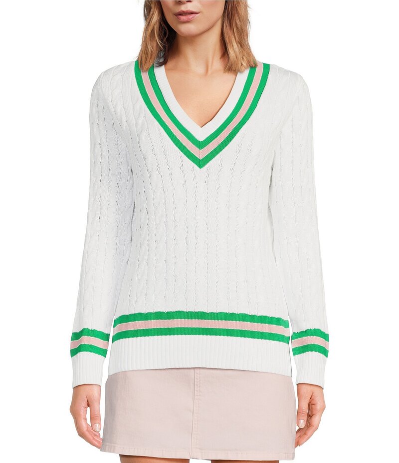 リリーピュリッツァー レディース アウター パーカー・スウェット Vネック セーター ニット Lilly Pulitzer Brockton Cable Knit V-Neck Long Sleeve Stripe Detail Sweater Resort White ホワイト