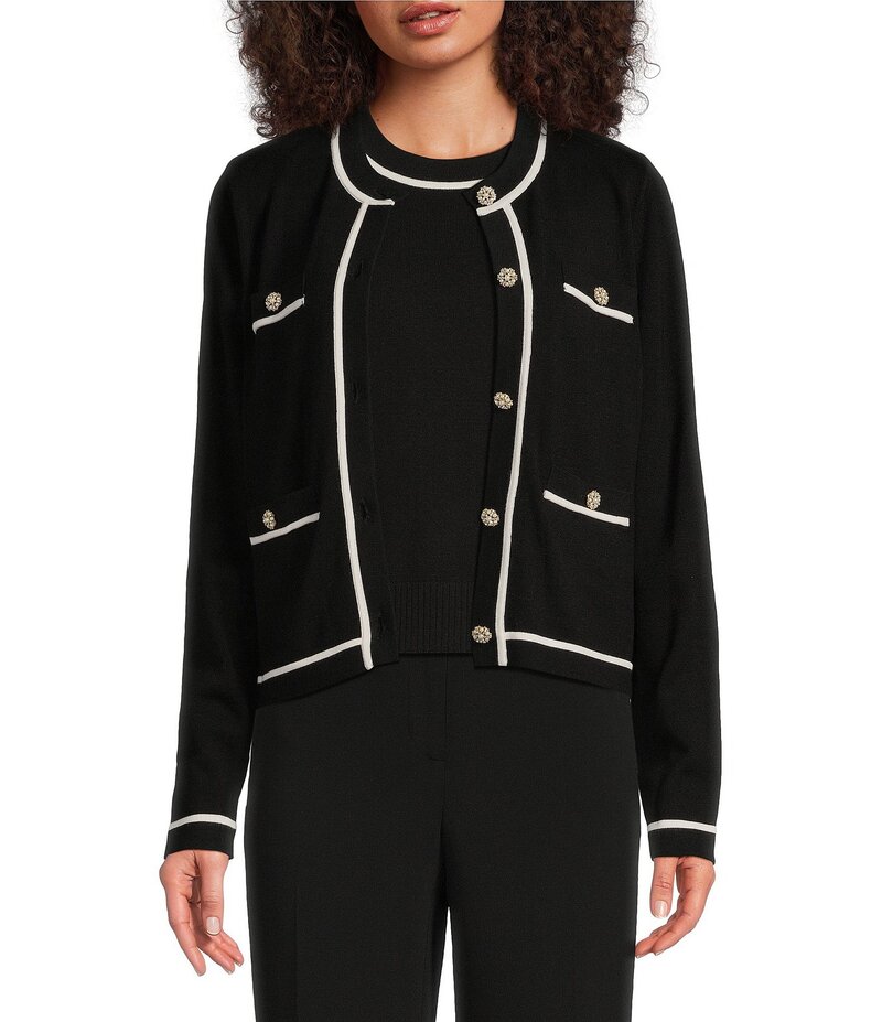 カール ラガーフェルド レディース アウター ニット・セーター クルーネック カーディガン ニット KARL LAGERFELD PARIS Knit Crew Neck Long Sleeve Embellished Button-Front Cardigan Black ブラック