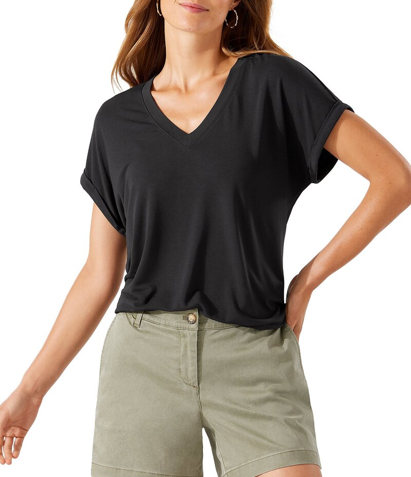 トッミーバハマ レディース トップス Tシャツ Vネック シャツ ニット ジャージー Tommy Bahama Kauai Soft Stretch Knit Jersey V-Neck Short Sleeve T-Shirt Black ブラック|ReVida 店