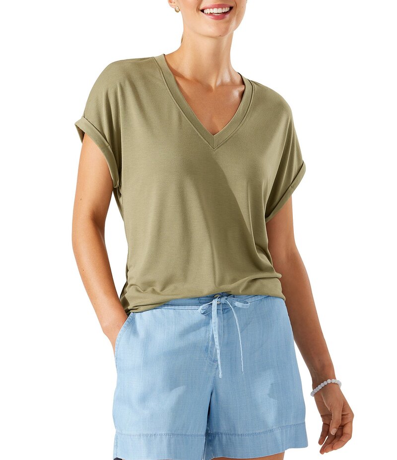 トッミーバハマ レディース トップス Tシャツ Vネック シャツ ニット ジャージー Tommy Bahama Kauai Soft Stretch Knit Jersey V-Neck Short Sleeve T-Shirt Tea Leaf