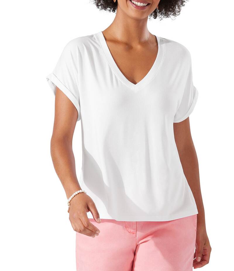 トッミーバハマ レディース トップス Tシャツ Vネック シャツ ニット ジャージー Tommy Bahama Kauai Soft Stretch Knit Jersey V-Neck Short Sleeve T-Shirt White ホワイト