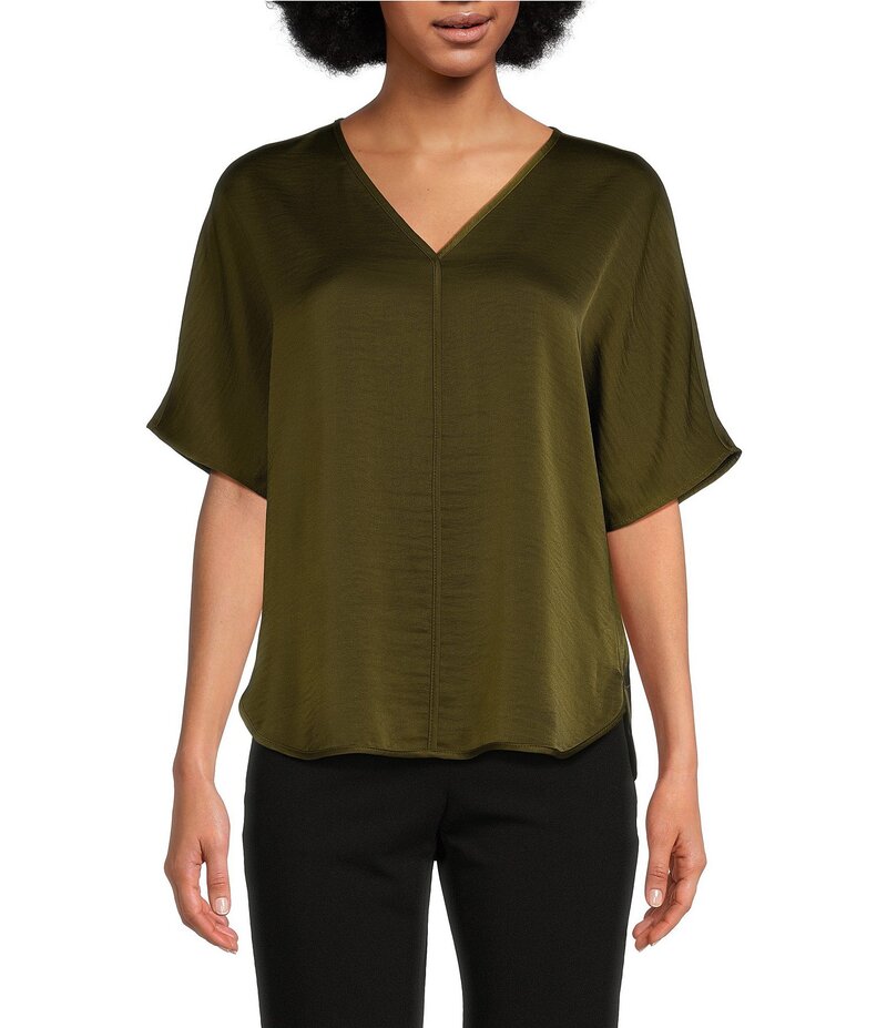 ダナキャラン レディース トップス シャツ Vネック ブラウス DKNY by Donna Karan Woven V-Neck Short Sleeve Blouse Dark Olive オリーブ