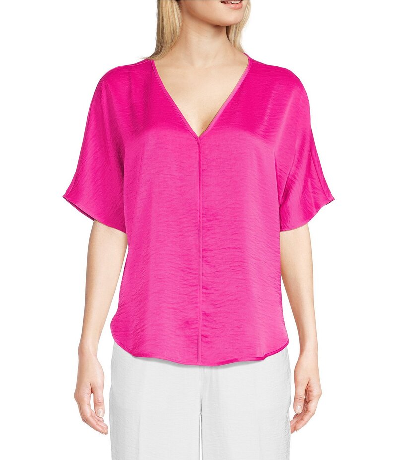 ダナキャラン レディース トップス シャツ Vネック ブラウス DKNY by Donna Karan Woven V-Neck Short Sleeve Blouse Shocking Pink ピンク