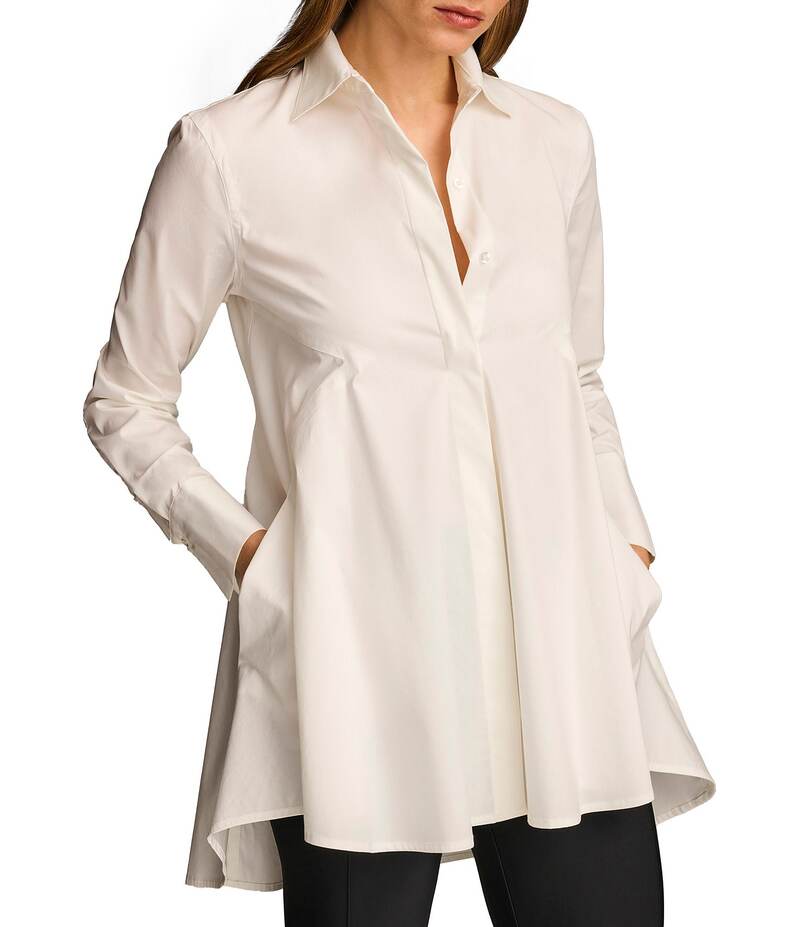 ダナキャラン レディース トップス シャツ A ライン Donna Karan Woven Button Front Collared Long Sleeve High-Low A-line Tunic Cream クリーム