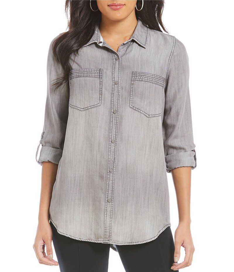 イントロ レディース トップス シャツ Intro Long Roll-Tab Sleeve Button Front Slub Lyocell Shirt Storm Wash