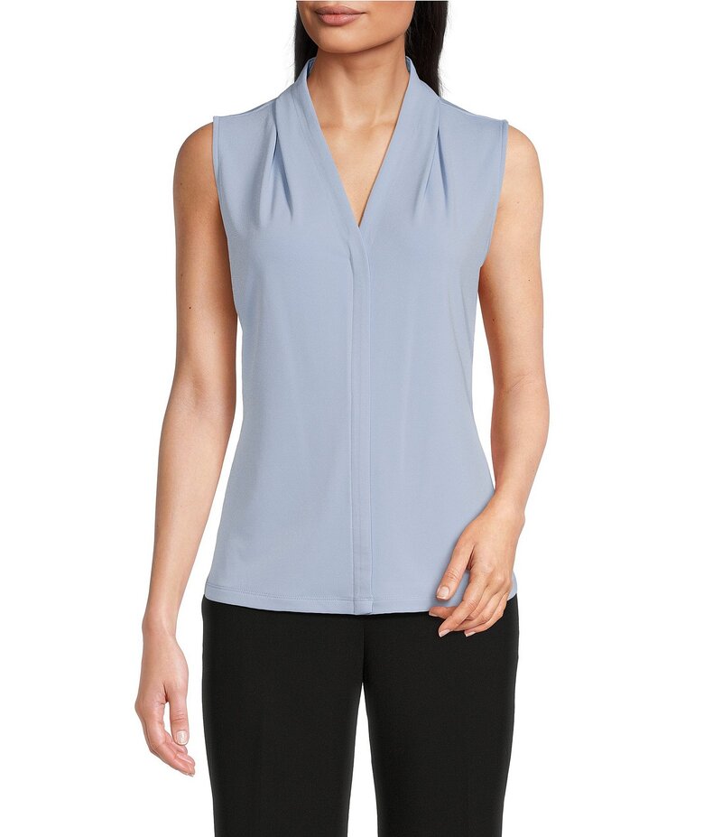 カルバンクライン レディース トップス シャツ Vネック ノースリーブ ジャージー Calvin Klein Matte Jersey V-Neck Shoulder Pleat Sleeveless Top Baby Blue ブルー