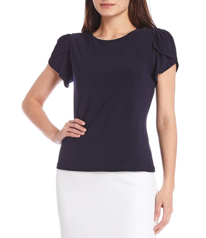 プレストンアンドヨーク レディース トップス シャツ クルーネック ニット Preston & York Arianna Short Tulip Sleeve Crew Neck Knit Shirt Navy ネイビー
