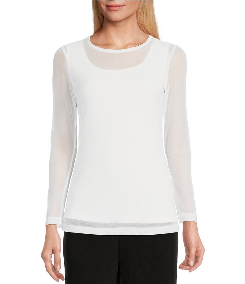 アイシーコレクション レディース トップス シャツ クルーネック メッシュ シアー ニット IC Collection Sheer Mesh Crew Neck Long Sleeve Knit Top White ホワイト