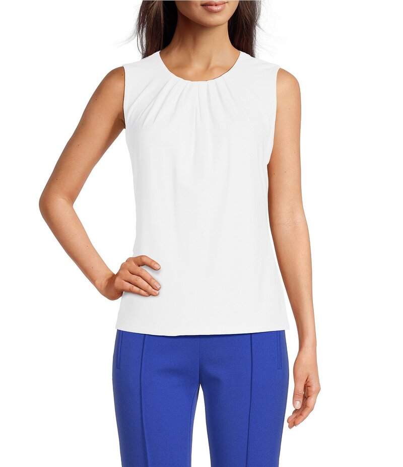 カルバンクライン レディース トップス シャツ クルーネック プリーツ ニット Calvin Klein Solid Pleated Crew Neck Knit Tank Top White ホワイト