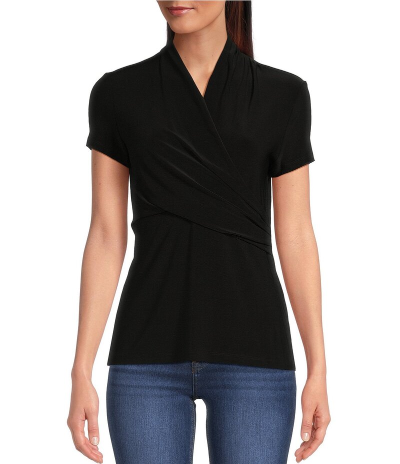 ダナキャラン レディース トップス シャツ Vネック ギャザー DKNY by Donna Karan Surplice V-Neck Side Ruched Short Sleeve Top Black ブラック