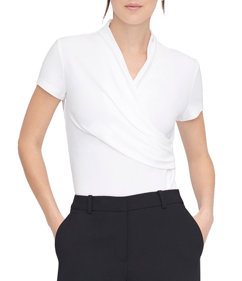 ダナキャラン レディース トップス シャツ Vネック ギャザー DKNY by Donna Karan Surplice V-Neck Side Ruched Short Sleeve Top White ホワイト