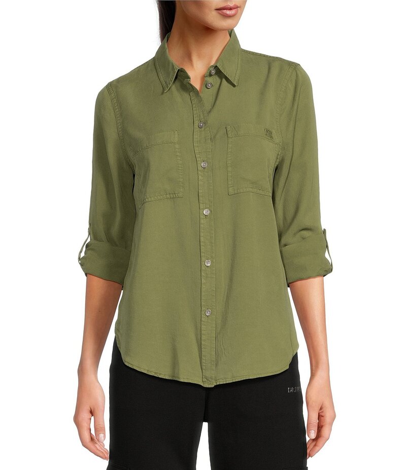 ダナキャラン レディース トップス シャツ ジーンズ DKNY by Donna Karan Jeans Garment Dye Roll-Tab Sleeve Button Front Shirt Light Fatigue