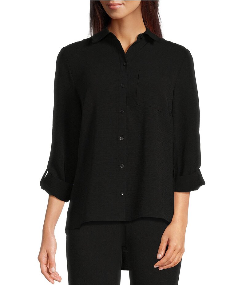 ダナキャラン レディース トップス シャツ ボタンダウン ダウン DKNY by Donna Karan Collared Neckline Long Roll Tab Sleeve Button Down Shirt Black ブラック