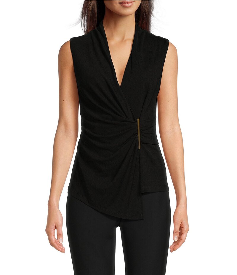 ダナキャラン レディース トップス シャツ ノースリーブ Donna Karan Stretch Surplice V-Neckline Sleeveless Top Black ブラック