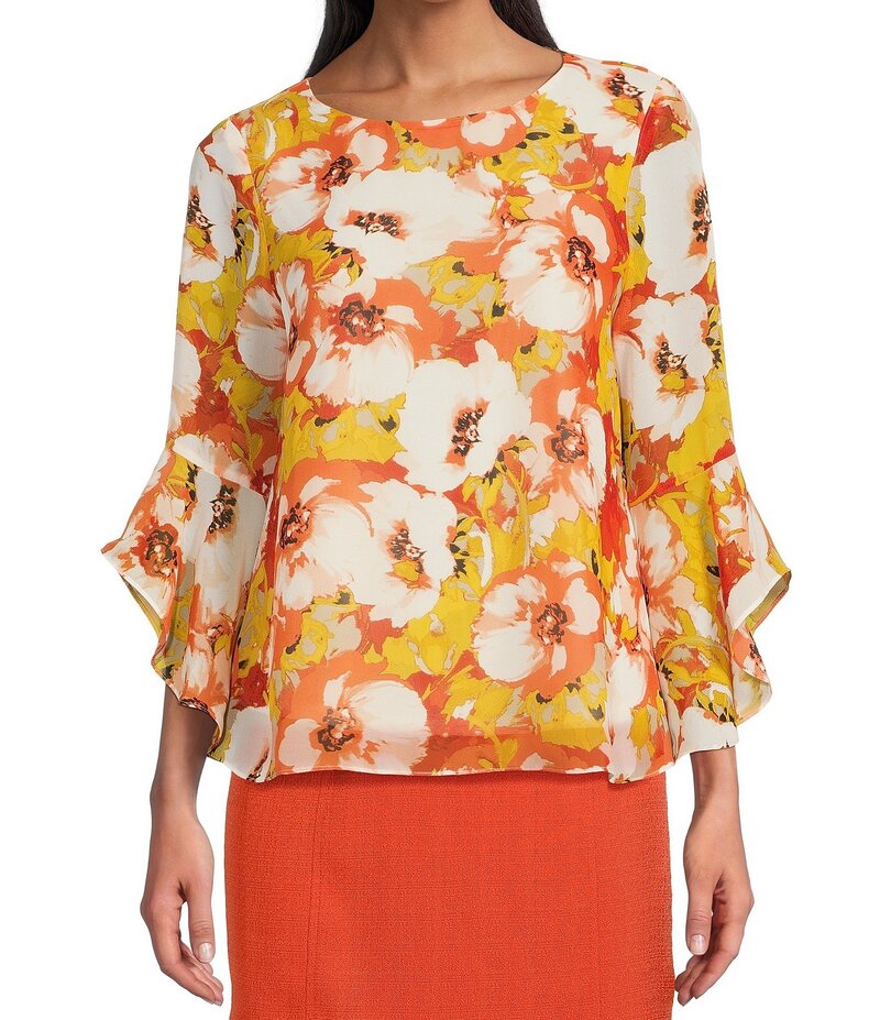 カスパール レディース トップス シャツ フラワー柄 プリント フリル ブラウス フラワー Kasper Floral Printed Crew Neckline Ruffle 3/4 Sleeve Blouse Papaya/Vanilla Ice Multi マルチカラー