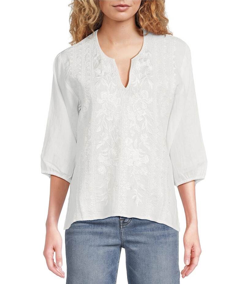 ジョニーワズ レディース トップス シャツ Vネック ブラウス リネン JOHNNY WAS Camille Embriordered Linen Split V-Neck 3/4 Puff Sleeve Blouse White ホワイト|ReVida 店