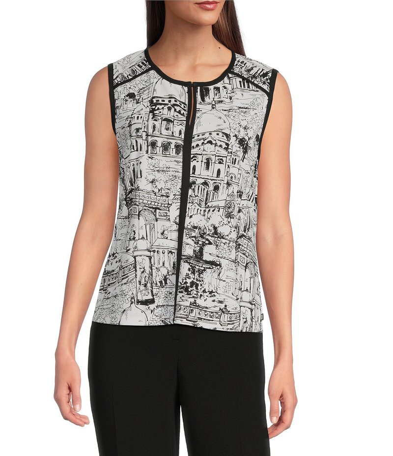 カール ラガーフェルド レディース トップス シャツ ノースリーブ ニット ジャージー KARL LAGERFELD PARIS Knit Matte Jersey Round Neck Sleeveless Top Soft White/Black ホワイト|ReVida 店