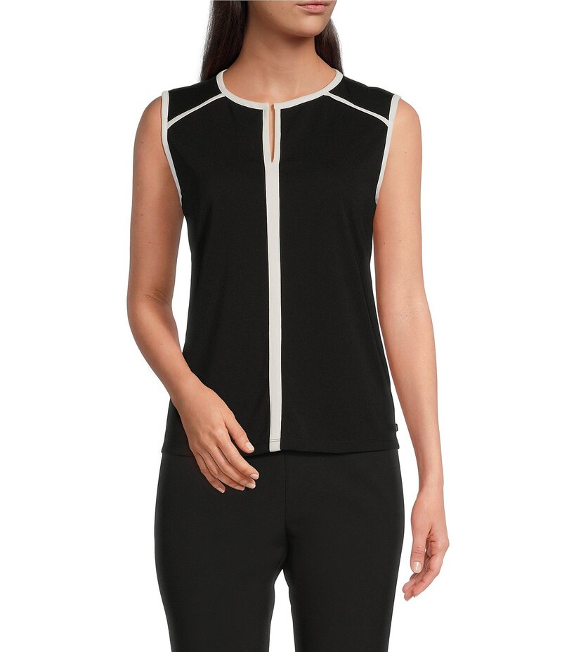 カール ラガーフェルド レディース トップス シャツ ノースリーブ コントラスト KARL LAGERFELD PARIS Sleeveless Keyhole Scoop Neck Contrasting Trim Cami Black/Soft White ホワイト 15,360円