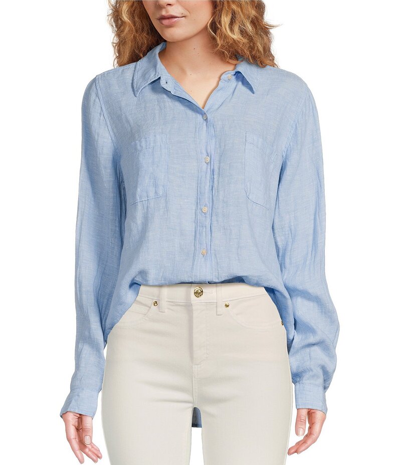 リリーピュリッツァー レディース トップス シャツ ボタンダウン ダウン リネン Lilly Pulitzer Sea View Woven Linen Point Collar Long Sleeve Button Down Shirt Blue Peri x Resort White ホワイト