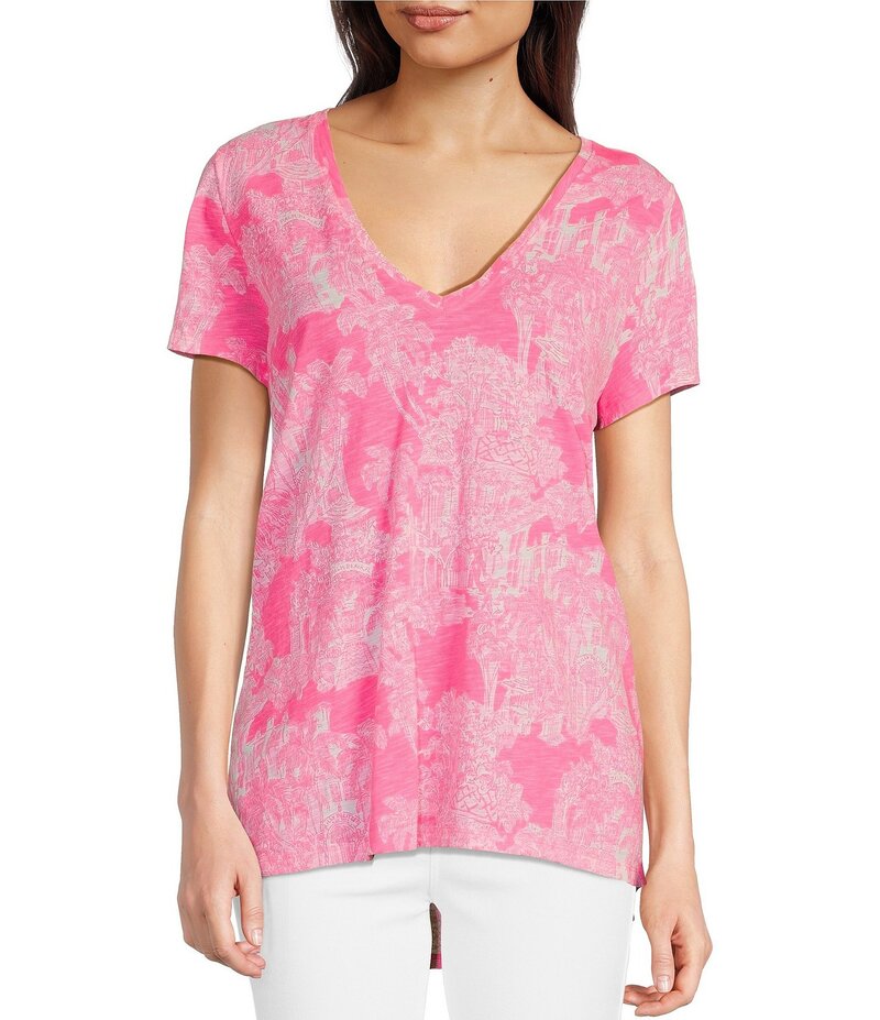 リリーピュリッツァー レディース トップス シャツ Vネック プリント Tシャツ ニット Lilly Pulitzer Etta Knit Anniversary Toile Print V-Neck Short Sleeve Tee Roxie Pink ピンク