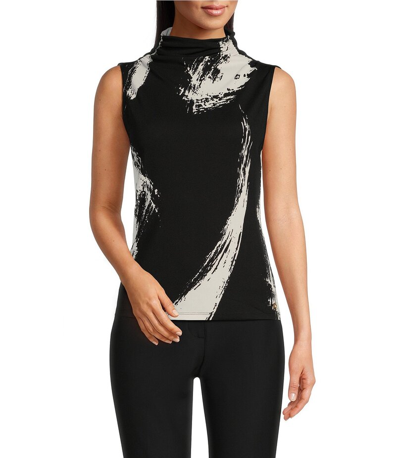 ダナキャラン レディース トップス シャツ モックネック ドレープ プリント ノースリーブ Donna Karan Printed Draped Mock Neck Sleeveless Top Black/Cream クリーム 16,086円