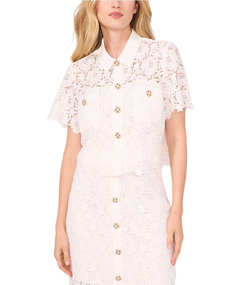 セセ レディース トップス シャツ レース CeCe Lace Collared Short Sleeve Patch Pocket Button Front Top Ultra White ホワイト