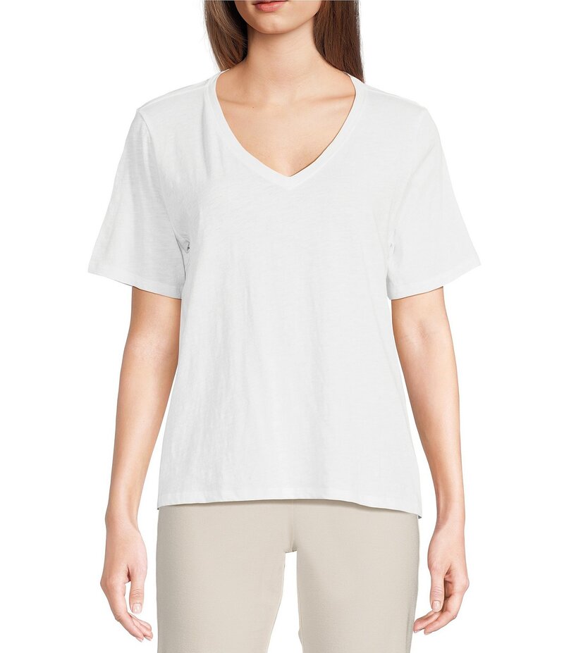 エイリーンフィッシャー レディース トップス シャツ Vネック Tシャツ ニット ジャージー Eileen Fisher Easy Jersey Knit V-Neck Short Sleeve Tee White ホワイト