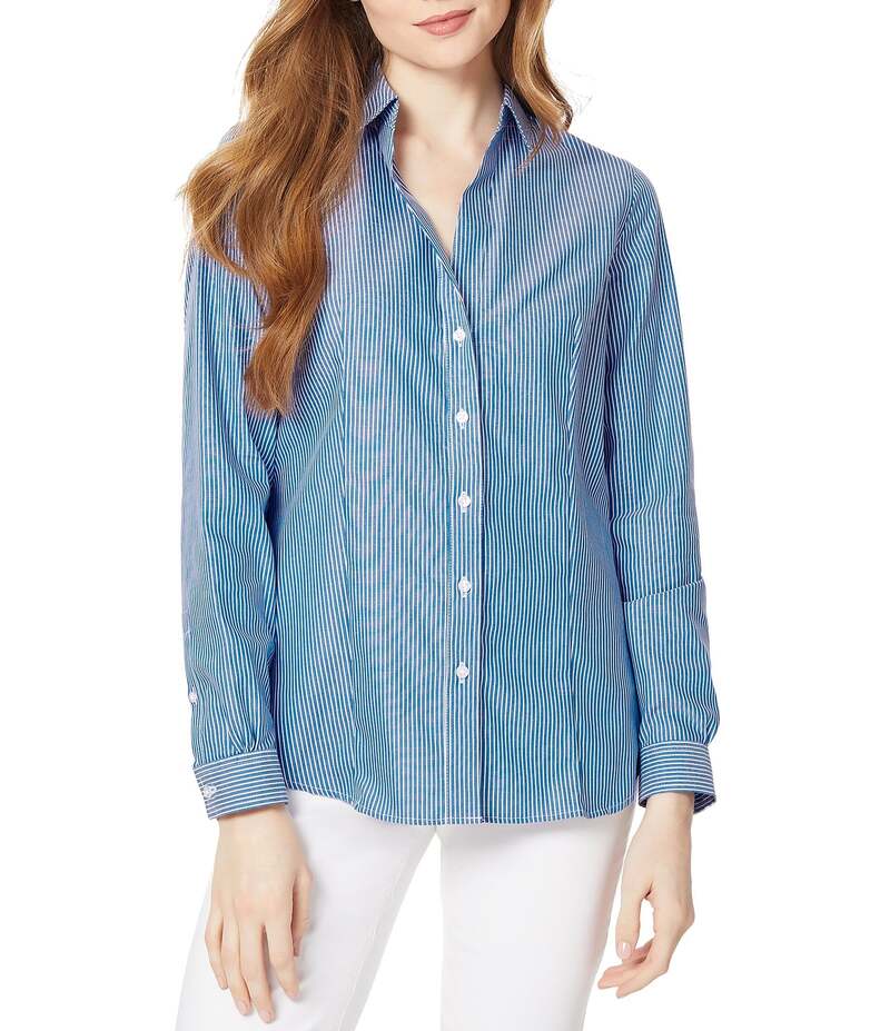 ジョーンズニューヨーク レディース トップス シャツ プリント コットン Jones New York Easy Care Cotton Stripe Print Point Collar Long Sleeve Button Front Shirt Blue/White ホワイト