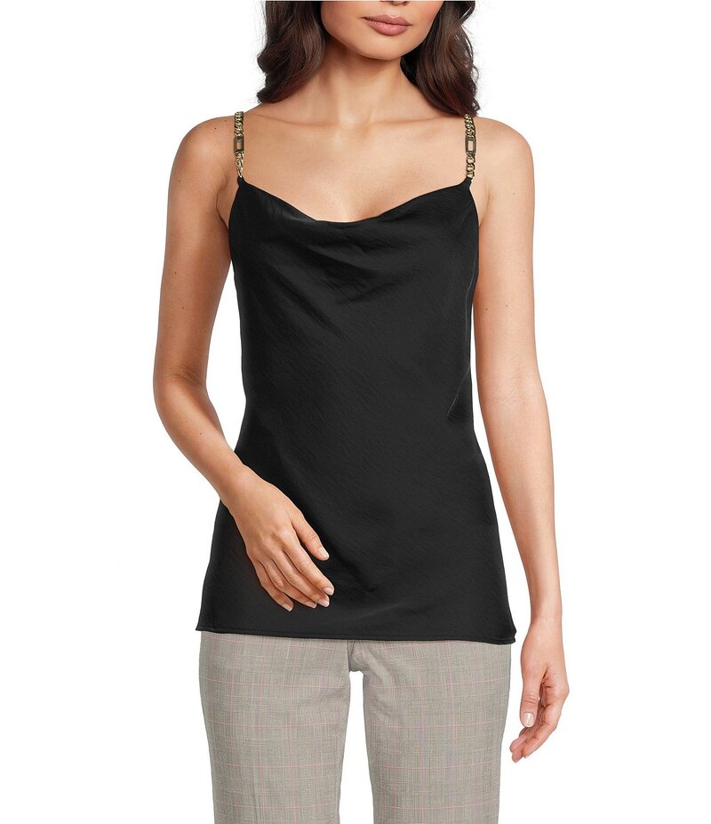 カール ラガーフェルド レディース トップス シャツ ノースリーブ KARL LAGERFELD PARIS Solid Cowl Neck Sleeveless Hardware Strap Detail Tank Black ブラック