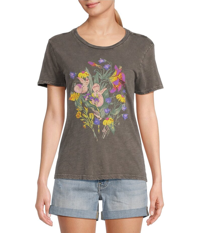 ラッキーブランド レディース トップス シャツ リラックスフィット クルーネック フラワー柄 プリント Tシャツ フラワー グラフィック Lucky Brand Graphic Faded Floral Print Crew Neck Short Sleeve Relaxed Fit Tee Shirt Plum Kitten プラム|ReVida 店