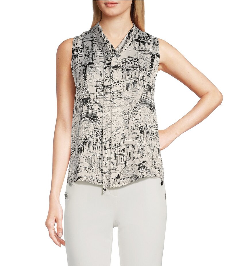 カール ラガーフェルド レディース トップス シャツ プリント ノースリーブ ブラウス KARL LAGERFELD PARIS Sleeveless Tie Neck Printed Button Front Blouse Soft White/Black ホワイト