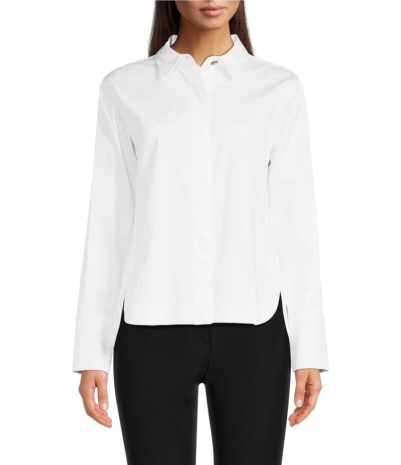 ダナキャラン レディース トップス シャツ Donna Karan Point Collar Long Sleeve Framed Hem Button Front Shirt White ホワイト