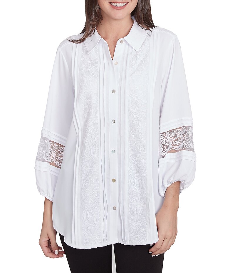 ルビーアールディー レディース トップス シャツ レース Ruby Rd. Woven Point Collar 3/4 Lace Inset Sleeve Button-Front Top White ホワイト