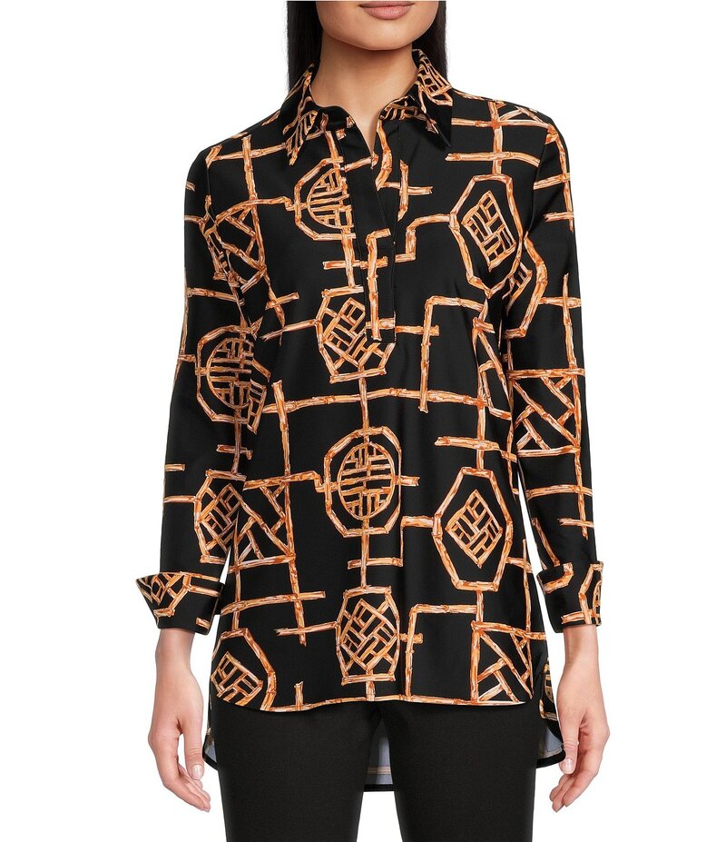 ジュードコーナリー レディース トップス シャツ プリント ニット Jude Connally Hadley Bamboo Lattice Print Jude Cloth Knit Point Collar Long Split Roll Cuff Sleeve Coordinating Tunic Bamboo Lattice Black/Natural ブラック|ReVida 店