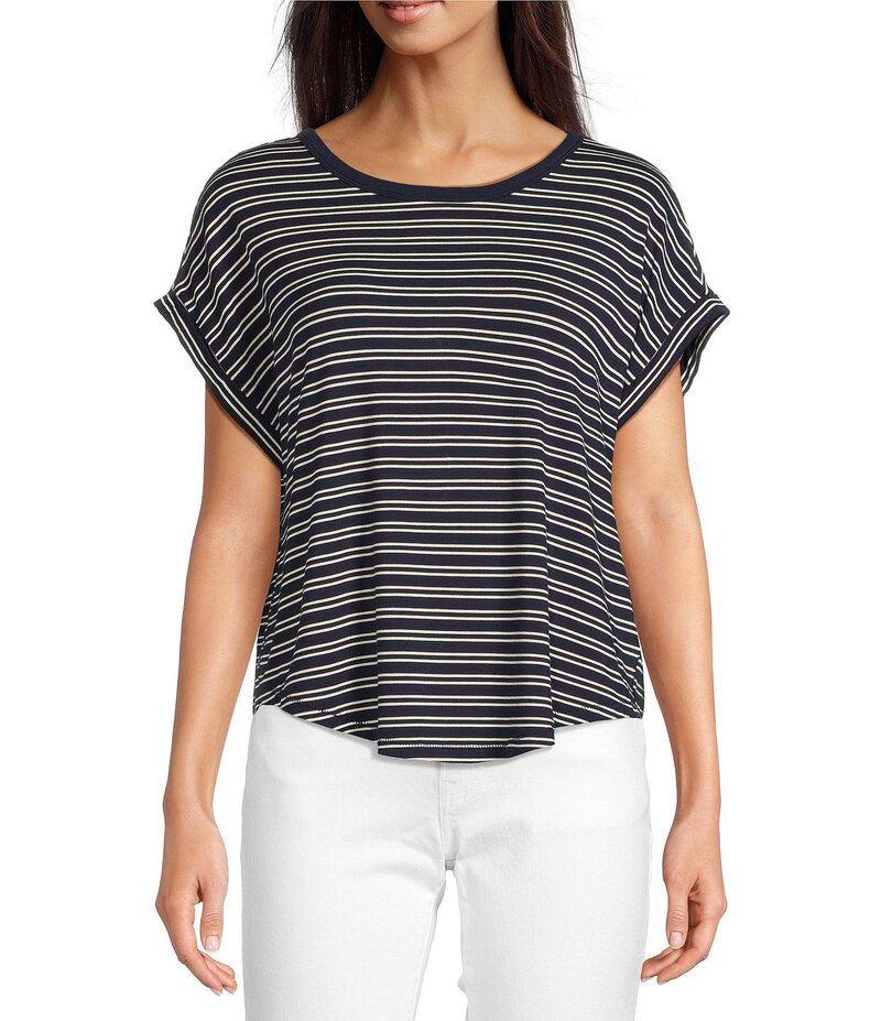 ラッキーブランド レディース トップス シャツ クルーネック コントラスト Lucky Brand Sandwash Stripe Contrast Trim Crew Neck Short Dolman Sleeve Top Navy Stripe ネイビー